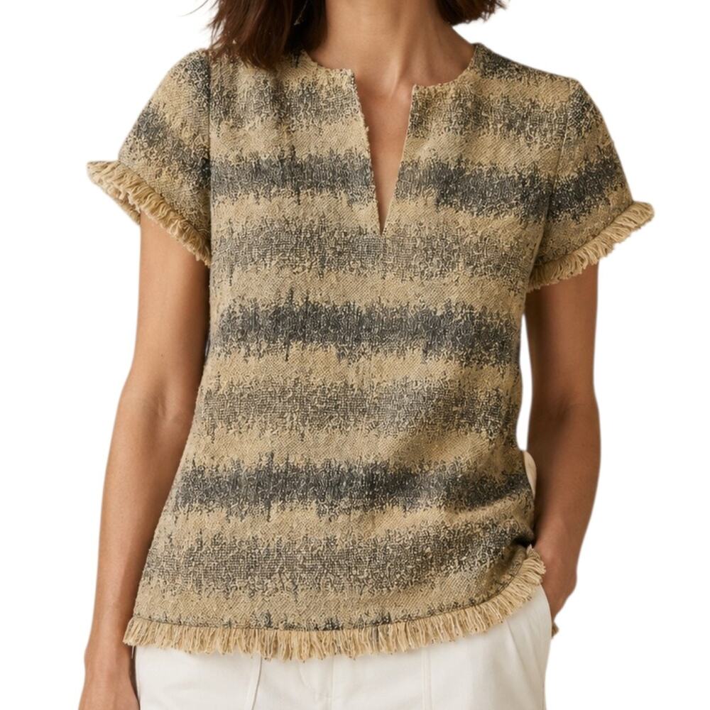 Women's Ann Mashburn Short Sleeve Shirt Fringe Trim V-Neck Neutral Stripe Top XS